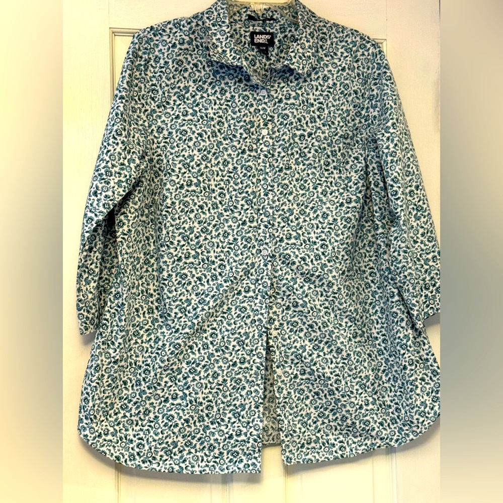Lands' End Blue and White Blouse Floral Blouse